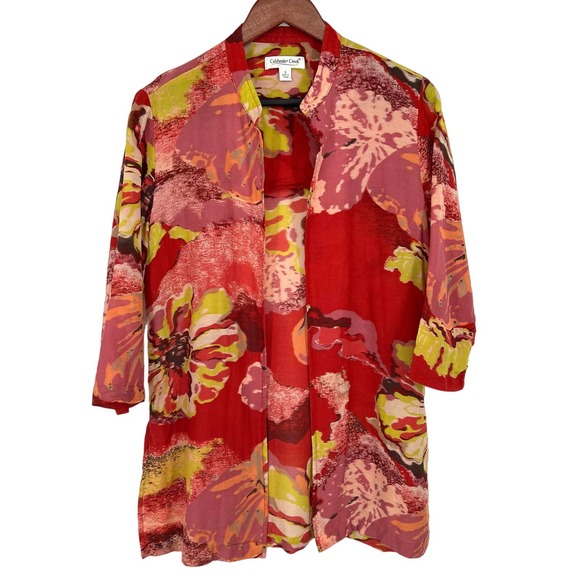 Coldwater Creek SILK WOOL Blend Sz Small Red Pink Green Open Blouse Shirt Top - Picture 1 of 9